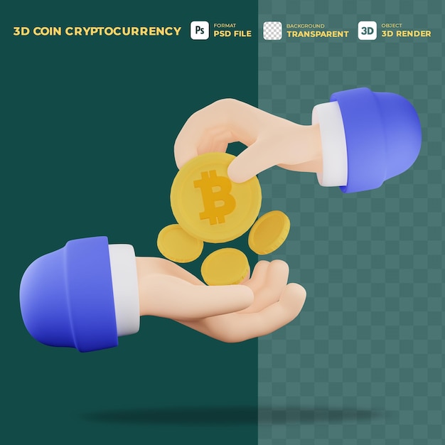 3d icon cartoon as mãos pegar e dar moedas crypto currency bitcoin