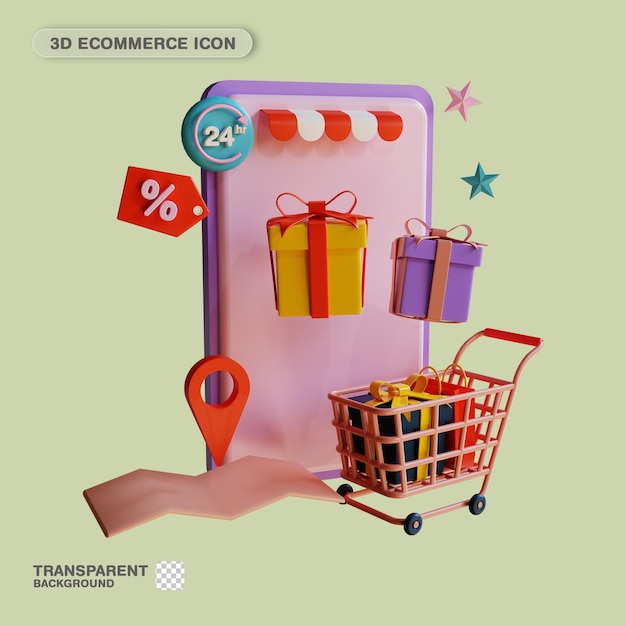 3d icon ecommerce online shop mapa realista gps e sacos de presente para o banner da página de destino do site