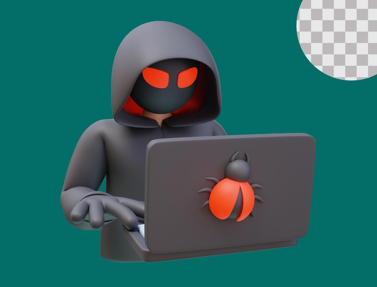 PSD 3d icon hacker black hoodie red eyes laptop bug hacker robando concepto de protección de ciberseguridad ilustración 3d para la web o la aplicación
