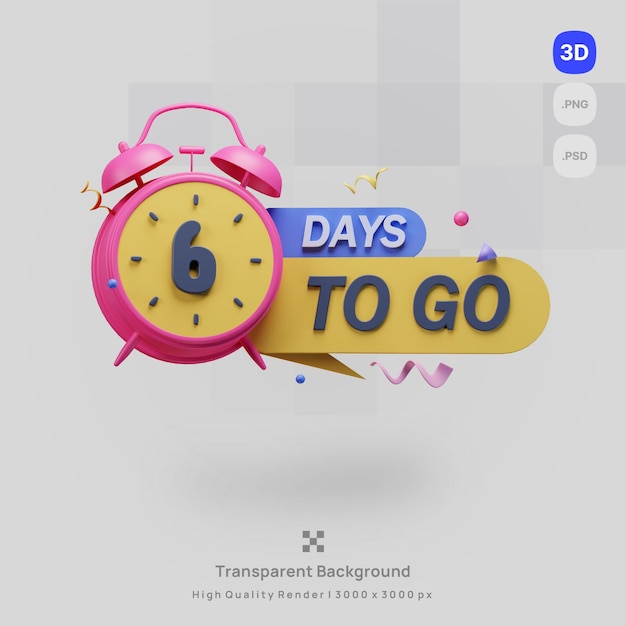 3d-icon-illustration rendern einen rosa wecker mit dem wort 6 tage, um darauf zu gehen