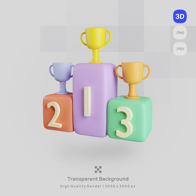 3D-Icon-Illustration rendert eine Podiumstrophäe mit transparentem Hintergrund