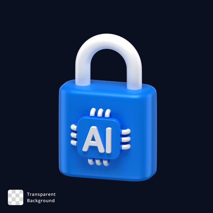PSD 3d icon of a padlock with an ai chip attached to it