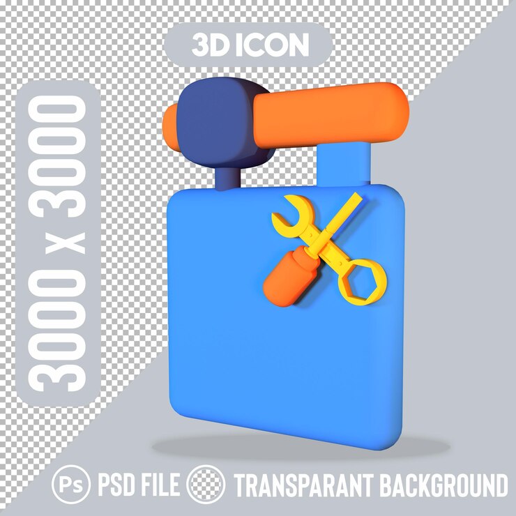 PSD 3d icon of a blue square with wrench and screwdriver