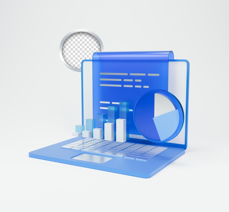 PSD 3d icon of computer laptop featuring data analytics and economic growth