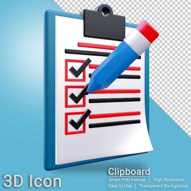 PSD 3d icon render-zwischenablage mit transparentem hintergrund