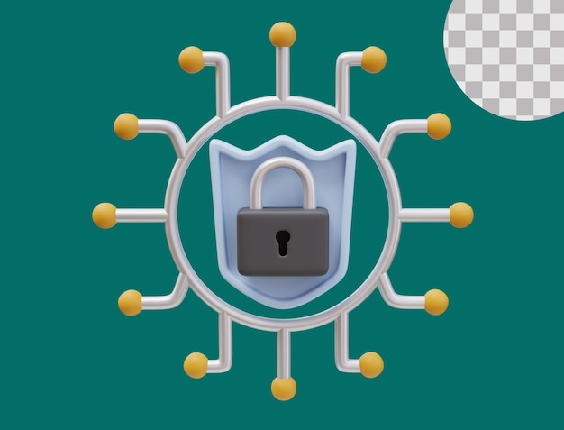 3D-Icon-Schild-Lock-Netzwerkkabel Cybersicherheitsnetzwerk Cybersicherungsschutzkonzept 3D-Illustration für Web oder App