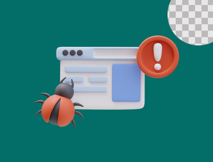 PSD 3d icon website page warning sign red bug programming and coding fixing bug web development software testing finding bugs illustrazione 3d per web e app