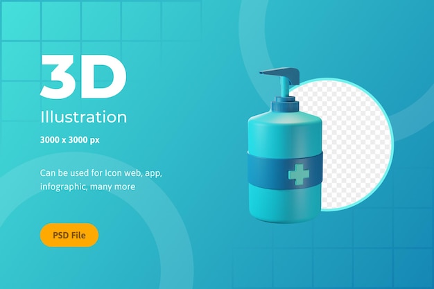 3D icona illustrazione, assistenza sanitaria, disinfettante per le mani, per web, app, infografica