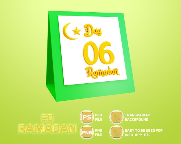 PSD 3d icône calendrier ramadan jour six