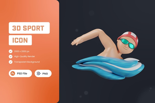 PSD 3d, icône, illustration, natation, sports