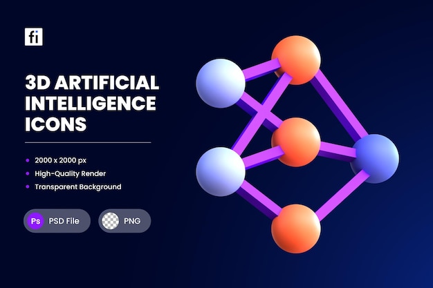 PSD 3d, icône, illustration, réseau neuronal artificiel