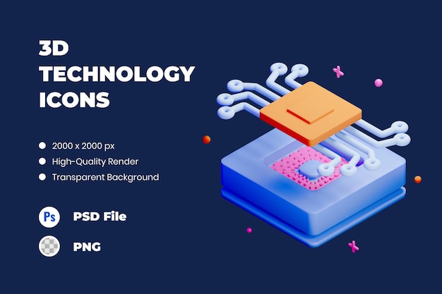 3d, icône, illustration, technologie, puce électronique, intelligence artificielle
