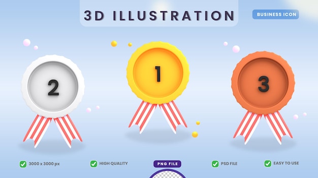 3d ícone negócios ouro prata medalha de bronze premium psd