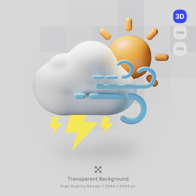 3d Icône Prévisions Météo Illustration Jour Tonnerre Venteux