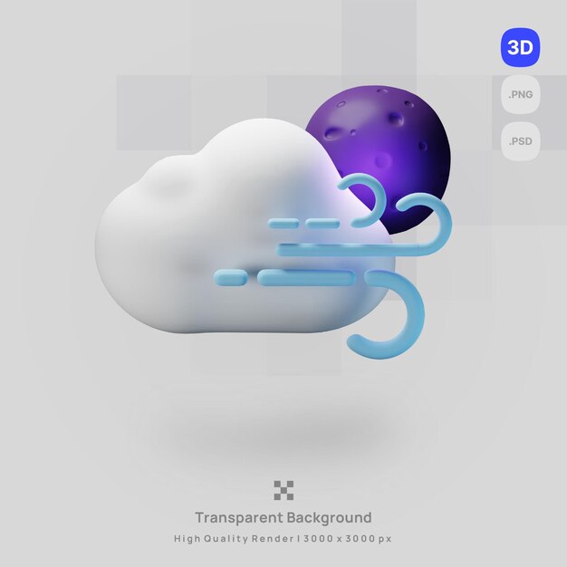3d icône prévisions météo illustration nuit pleine lune venteux