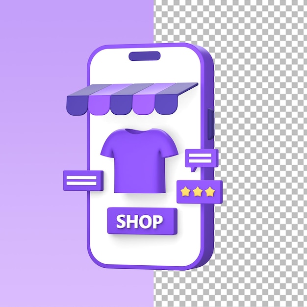 PSD 3d icono de ilustración púrpura de revisión de compras en el mercado en línea usando el lado izquierdo del teléfono inteligente