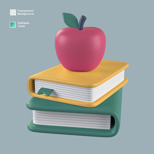 3d icono de libro y manzana render aislado