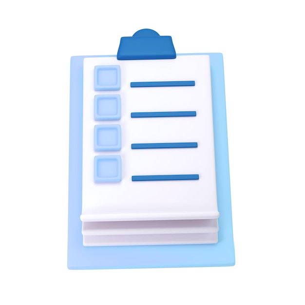 3d icono de portapapeles blanco gestión de tareas lista de verificación de tareas pendientes en el fondo del plano azul Concepto de plan de proyecto de trabajo lista de verificación rápida plan de publicación transparente