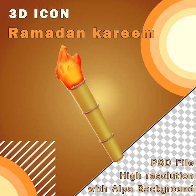 PSD 3d-ikon ramadhan-fackel aus drei blickwinkeln auf transparentem hintergrund