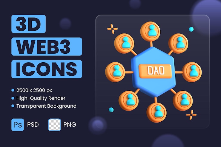 PSD 3d ikona, ilustrace decentralizované autonomní organizace