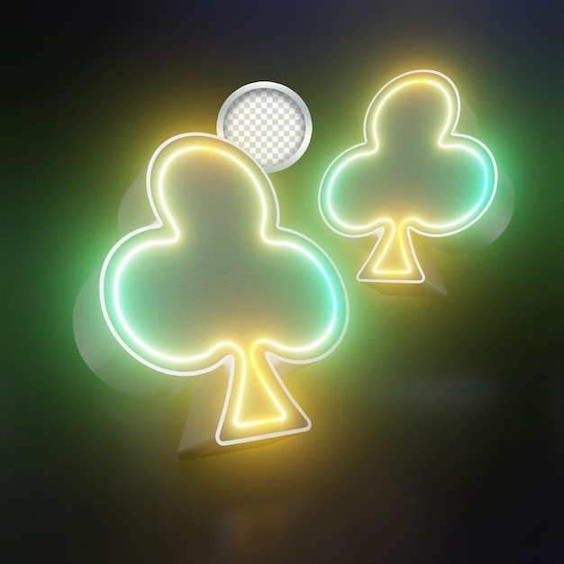 3D-Ikonen, Clubs, Pokerkarten und ein grünes Neonlicht