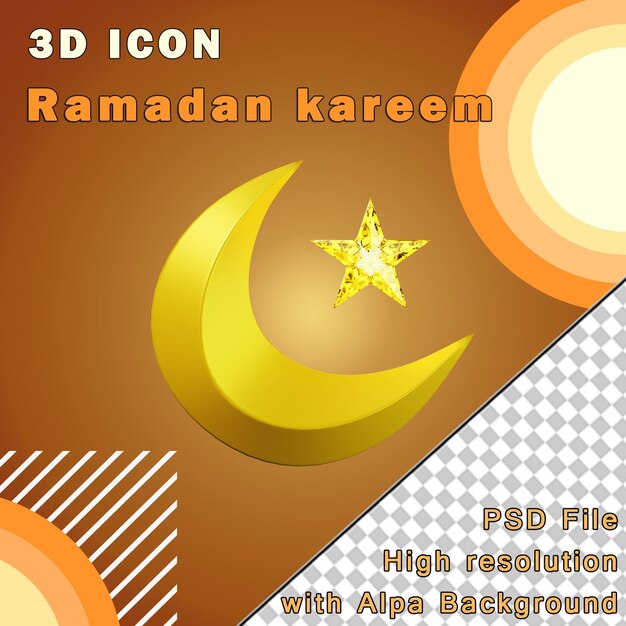 3d-ikonen ramadan halbmond und sterne aus drei blickwinkeln auf transparentem hintergrund