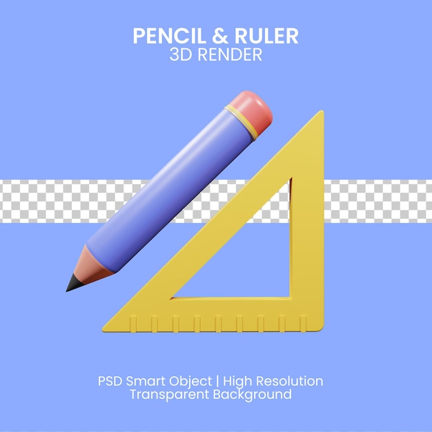 3d illsutration of pencil and ruler with blue background
