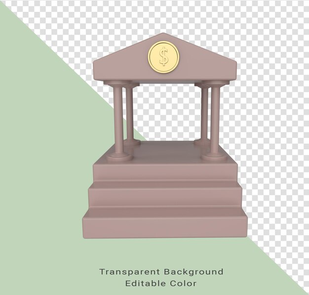 3D-Illustration Bankgebäude-Symbol mit goldenem Dollarmünzenschild im antiken Stil mit der Säule