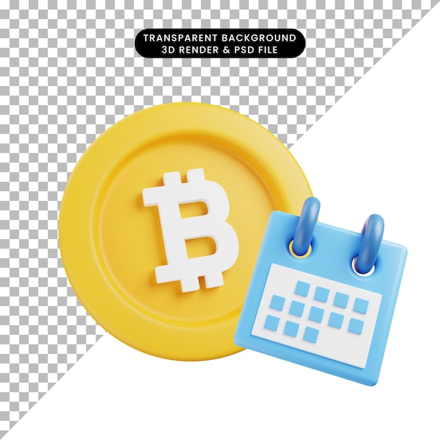 3d-illustration bitcoin-symbol mit kalendersymbol 3d-renderstil