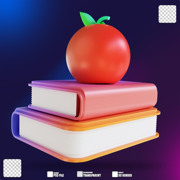 3D-Illustration buntes Buch und Apfel 2