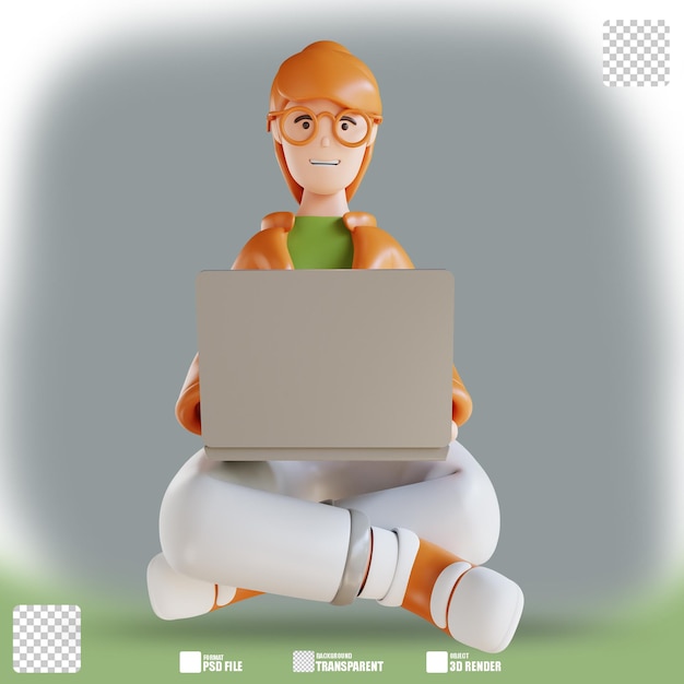3D illustration business woman sitting with laptop 2