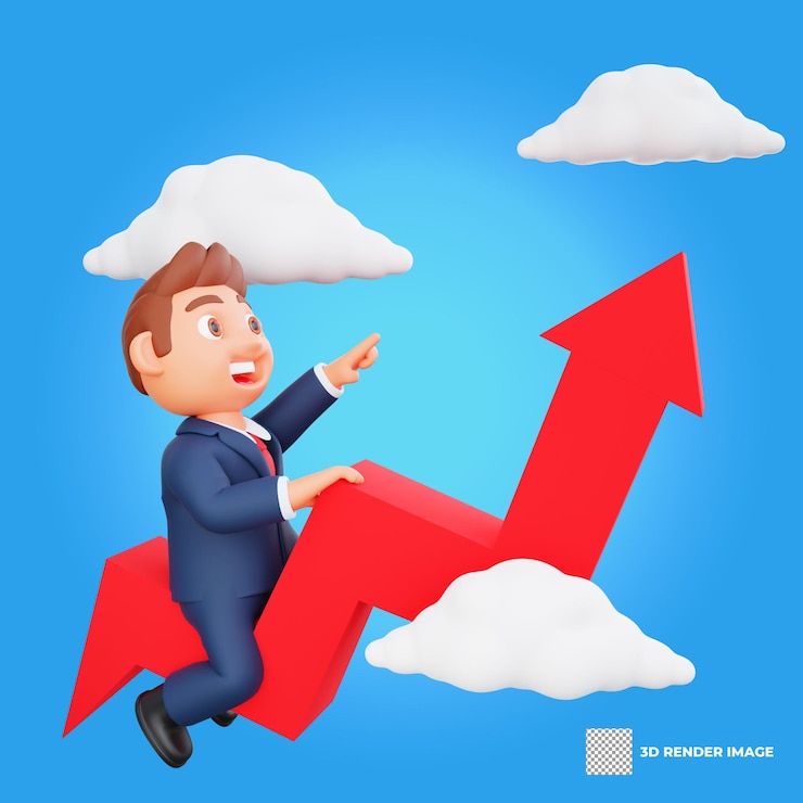 PSD 3d illustration businessman flying on growth chart