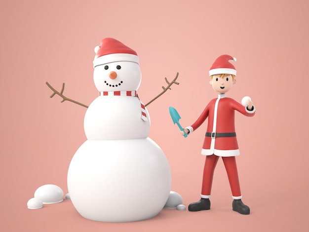 3D-Illustration Cartoon Charakter junger Mann im Weihnachtsmannkostüm hält stehend mit großem Schneemann