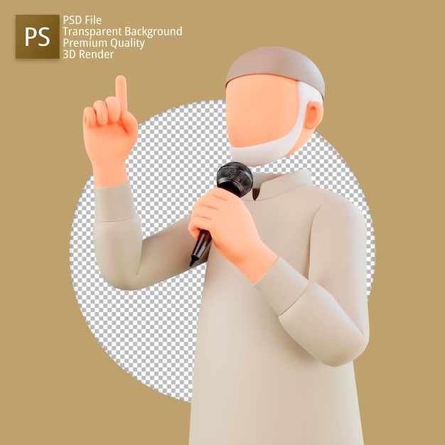 3D-Illustration Cartoon muslimischer Mann, der eine Predigt hält, indem er mit seinem Zeigefinger Premium-PSD zeigt