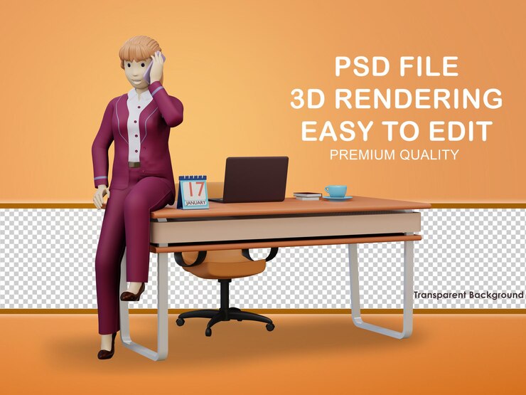 PSD 3d illustration character show woman on phone sitting at the end of offices desk