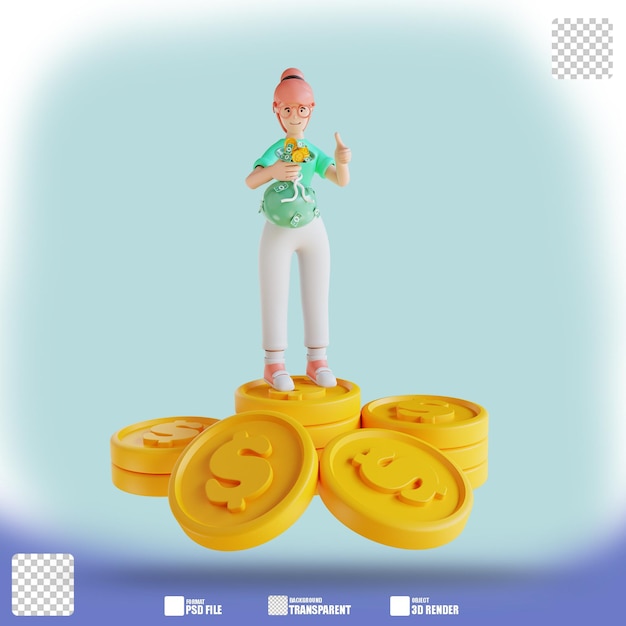 3d-illustration charakter frau hand mit geldsack