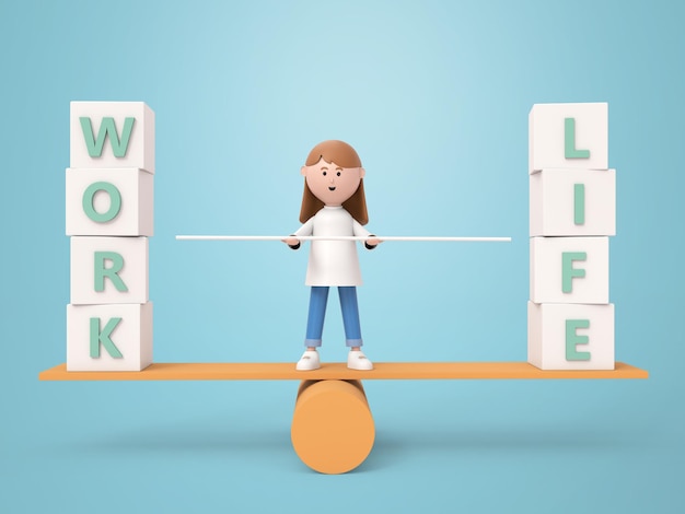 3D-Illustration Charakter junge Frau, die auf dem Ausgleich zwischen Arbeit und Lebensdarstellung steht