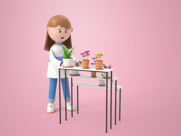 3d-illustration charakter junge frau, die mit pflanzen und blumen in töpfen auf dem regal steht, hobby- und lifestyle-konzept-rendering