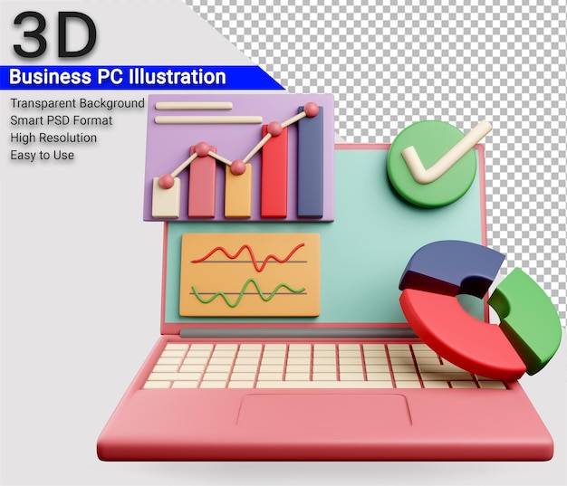 3D Illustration Computer Notebook for Business with Transparent Background