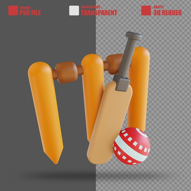 3D illustration cricket bat ball and wicket 2