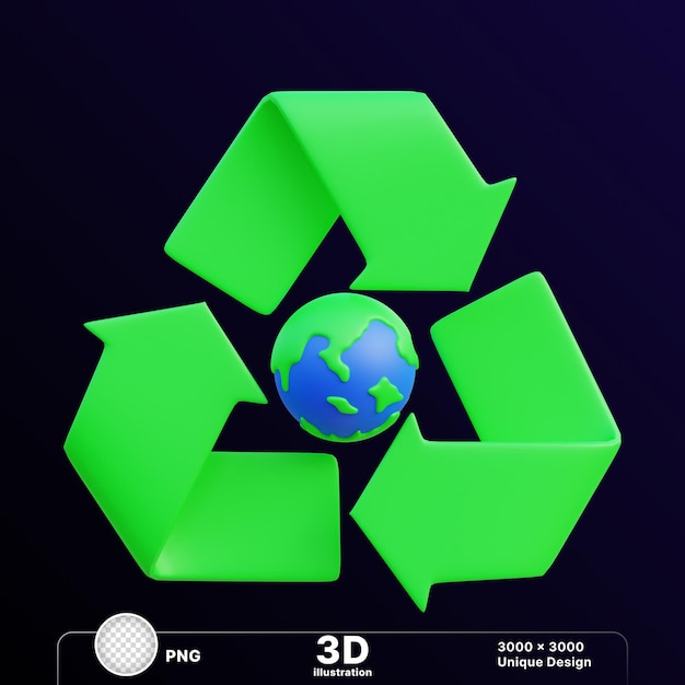 3D-Illustration der Erde mit Recycle-Bin-Zeichen auf durchsichtigem Hintergrund