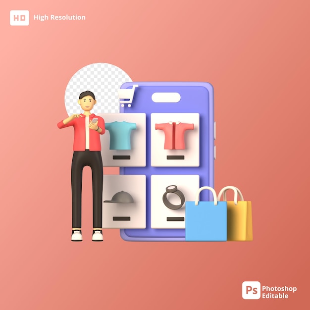 3D-Illustration des Einkaufs mit einer App in HD-Qualität und durchsichtigem Hintergrund