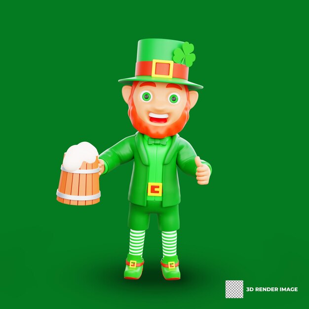 PSD 3d-illustration des st. patrick's day-charakters leprechaun, der holzbecher mit bier hält