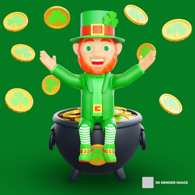 3D-Illustration des St. Patrick's Day-Charakters Leprechaun, der von goldenen Münzen umgeben ist