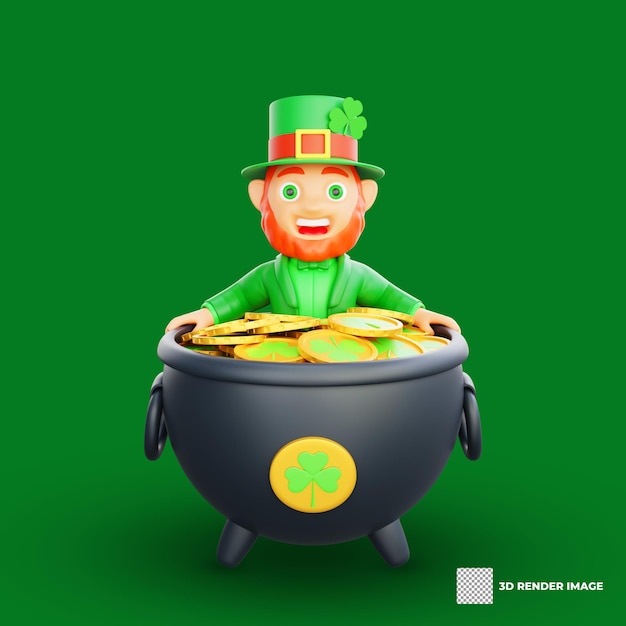 3D-Illustration des St. Patrick's Day-Charakters Leprechaun in einem Kessel, der von goldenen Münzen umgeben ist
