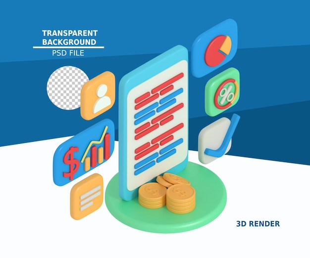 PSD 3d illustration du rapport financier de l'entreprise au téléphone