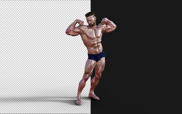 3D-Illustration Ein hemdloser Mann in blauem Höschen zeigt seinen muskulösen Körper. Bodybuilder-Mann