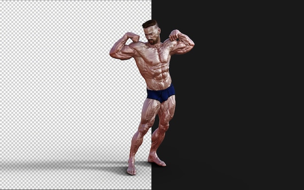 PSD 3d-illustration ein hemdloser mann in blauem höschen zeigt seinen muskulösen körper. bodybuilder-mann