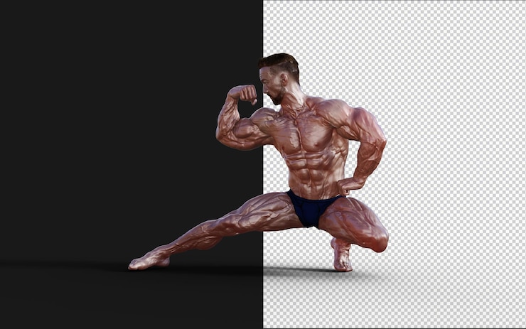PSD 3d-illustration ein hemdloser mann in blauem höschen zeigt seinen muskulösen körper. bodybuilder-mann
