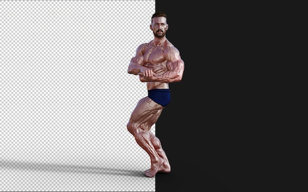 PSD 3d-illustration ein hemdloser mann in blauem höschen zeigt seinen muskulösen körper. bodybuilder-mann